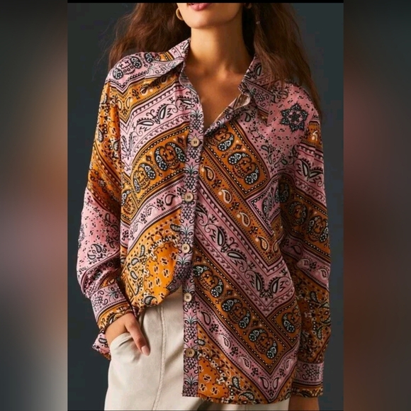 FARM Rio X Anthropologie Classic Bandana Print Med Button Down Paisley Print - Picture 1 of 9